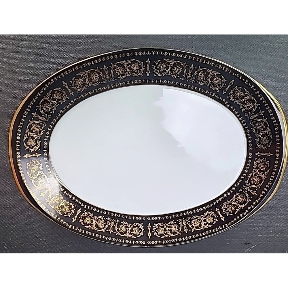 Vintage Fashion Manor Rhapsody Fine China Oval Serving Platter Black Gold Japan